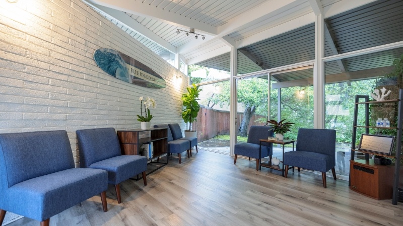 Dental waiting room with sliding glass door